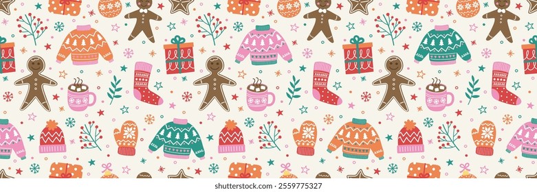 Christmas seamless pattern with hand drawn elements. Banner. Vector illustration