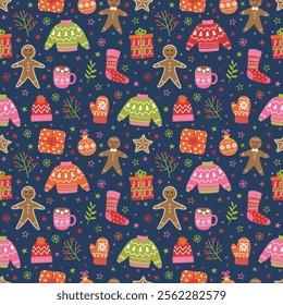 Christmas seamless pattern with hand drawn elements. Vector illustration