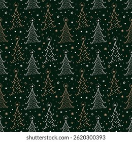 Navidades sin patrón. Árboles de Navidad dibujados a mano, copos de nieve, estrellas. Diseño Abstractas de Festiva de moda. Tarjeta de felicitación, Anuncio, Plantilla de embalaje. Ilustración vectorial de invierno en negro, blanco, dorado