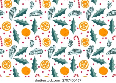 Natal Padrão sem emenda. Mão desenhado doodle Impressão repetida para têxtil, envoltório, papel de parede, menu. Doodle, Feliz Natal e Feliz Ano Novo vetor inverno plantas, decorações de Natal, tangerinas