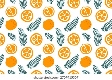 Christmas Seamless pattern. Hand drawn doodle Repeated print for textile, wrapping, wallpaper, menu. Pattern featuring Christmas trees and tangerine slices for holiday designs, festive projects.