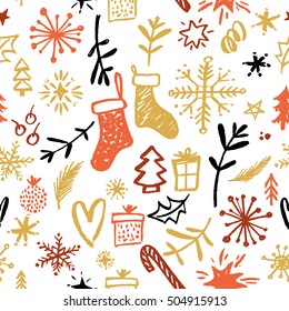 Christmas Seamless Pattern. Hand drawn design elements. Handwritten modern lettering