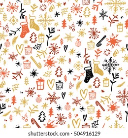 Christmas Seamless Pattern. Hand drawn design elements. Handwritten modern lettering