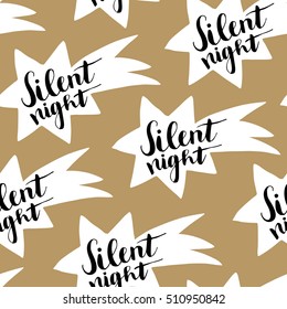Christmas seamless pattern with hand drawn comet and handwritten Silent night text. Wrapping paper design. Vector illustration, brush lettering.