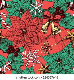 Christmas seamless pattern with hand drawn poinsettia, bells, gift, and Christmas decorations.