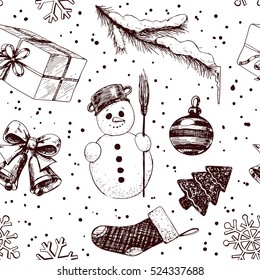 Christmas seamless pattern with hand drawn snowman, bells, gift, and Christmas decorations.