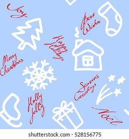 Christmas seamless pattern with hand drawn holiday symbols and handwritten greetings against blue background, eps10 vector illustration. Noel is a French name of Christmas.