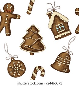 Christmas seamless pattern with hand drawn gingerbread. Merry Christmas and Happy New Year. Sketch. Vintage background can be used for wallpaper, web page background, surface textures, textile