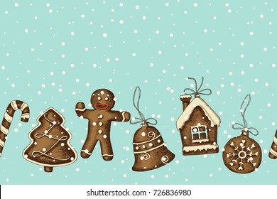 Christmas seamless pattern with hand drawn gingerbread. Merry Christmas and Happy New Year. Sketch. Vintage background can be used for wallpaper, web page background, banner, textile