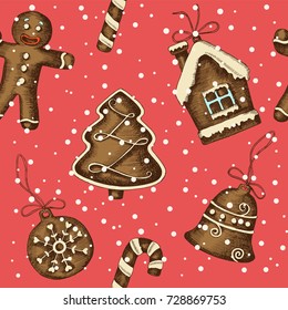 Christmas seamless pattern with hand drawn gingerbread and snow on red. Merry Christmas and Happy New Year. Sketch. Vintage background can be used for wallpaper, web page background, banner, textile