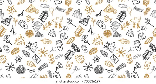 Christmas seamless pattern, hand drawn style doodle elements. Vector illustration. Sketch art for holiday paper design and web pages wallpapers