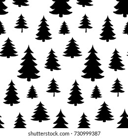 Christmas seamless pattern of hand drawn fir trees for winter festive design. A black and white doodle background. 