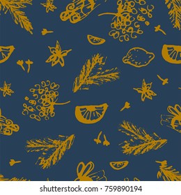 Christmas Seamless Pattern with Hand drawn abstract sketched doodle of different xmas spices, citrus and xmas pine branches. Winter holidays print for wrapping paper, textile, greeting card, wallpaper