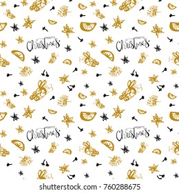 Christmas Seamless Pattern with Hand drawn abstract sketched doodle of different xmas spices, citrus and xmas pine branches. Winter holidays print for wrapping paper, textile, greeting card, wallpaper