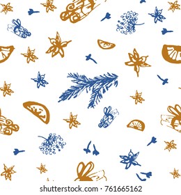 Christmas Seamless Pattern with Hand drawn abstract sketched doodle of different xmas spices, citrus and xmas pine branches. Winter holidays print for wrapping paper, textile, greeting card, wallpaper