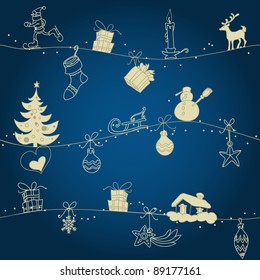 Christmas seamless pattern, hand drawn golden ornaments over dark blue