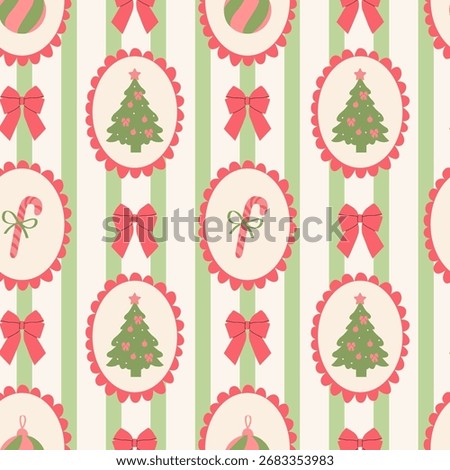 Christmas seamless pattern. Hand drawn doodle trees, candy canes, bows, and ornaments in striped design. Modern Festive Print for Wrapping Paper, Backgrounds, Wallpapers
