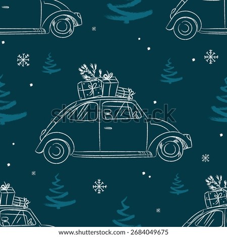 Christmas Seamless pattern with hand drawn cars carrying Christmas presents, snowflakes and pine trees for holiday wrapping paper, festive textiles, greeting cards, and seasonal backgrounds. Vector