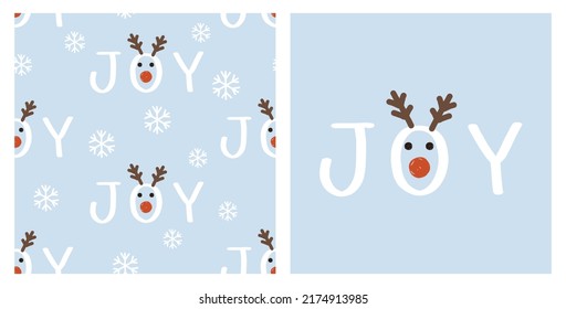 Patrón de Navidad sin fisuras con letra escrita a mano, copos de nieve y cara de reno en la ilustración vectorial de fondo azul.