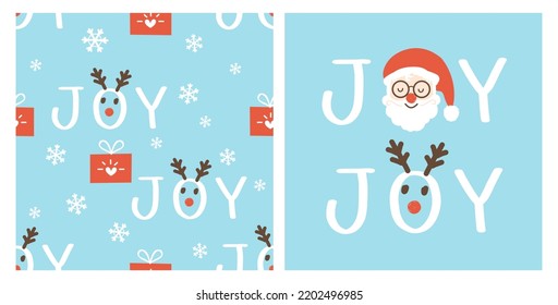 Christmas seamless pattern with hand written font, snowflakes, gift box and reindeer face on blue background vector illustration.