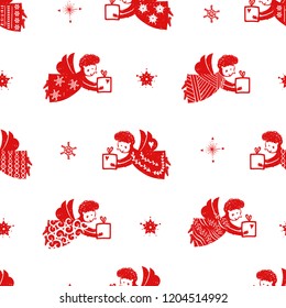 Christmas seamless pattern - hand-drawn angels silhouettes with simple patterns. Decoration for xmas. Vector illustration. Scandinavian Nordic doodle