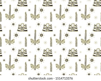 Christmas seamless pattern from hand-drawn angels, candles and snowflakes on a white background Gold and black colors. Vector.