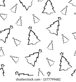 Christmas seamless pattern. hand-drawn charcoal black outline christmas trees isolated on white. stock vector illustration for wrapping, packaging, banner, card, textile. minimal scandinavian style