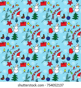 Christmas seamless pattern with hand-drawn  doodles