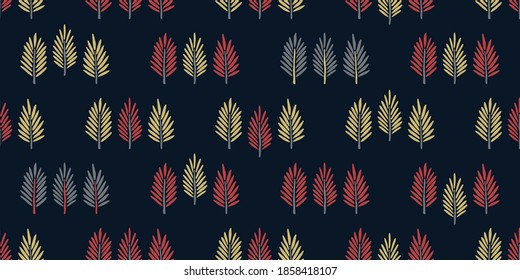 Christmas seamless pattern. Hand-drawn fir branches on a dark blue background. Cute flat illustration. Simple ornament for fabric, postcard, banner, wrapping paper.