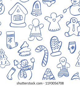 Christmas seamless pattern. Hand-drawn simple christmas symbols. Use for design wallpaper, pattern fills, greeting cards, webpage backgrounds, wrapping paper and textile or fabric. Vector illustration