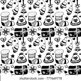 Christmas seamless pattern in hand-drawn style. New Year's set of felt boots, mittens, hats, gifts, Christmas toys.  Christmas wrapping paper, background and texture.