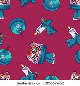 Christmas seamless pattern. Happy New Year Wallpaper. Fabric print. Winter Background for Wedding and Festival.Cute New Year Children's Cartoon Pattern for Kids