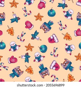 Christmas seamless pattern. Happy New Year Wallpaper. Fabric print. Winter Background for Wedding and Festival.Cute New Year Children's Cartoon Pattern for Kids