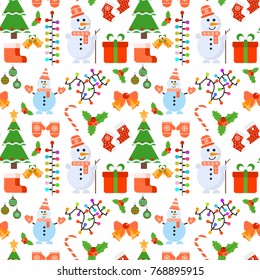 Christmas seamless pattern and Happy New Year winter holiday background decorative paper vector illustration. Festive textile xmas abstract wrapping greeting ornament.