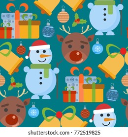 Christmas seamless pattern and Happy New Year winter holiday background decorative paper vector illustration. Festive textile xmas abstract wrapping greeting ornament.