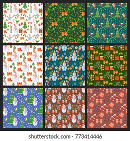 Christmas seamless pattern and Happy New Year winter holiday background decorative paper vector illustration. Festive textile xmas abstract wrapping greeting ornament.