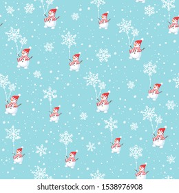 Christmas seamless pattern with happy snowman and flakes on blue background.
