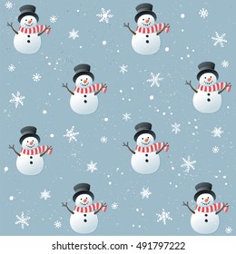 Christmas seamless pattern with happy snowman and flakes on blue background.