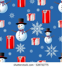 Christmas seamless pattern with happy snowman and flakes on blue background. vector illustration