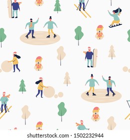 Christmas seamless pattern with happy winter people characters skating, skiing, sledding. Man with snowboard, woman making a snowman.
