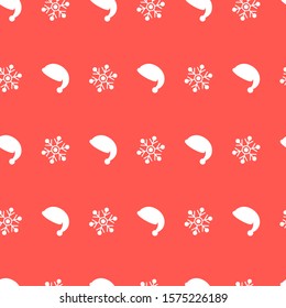 Christmas seamless pattern with christmas hat and snowflakes on red background. Vector illustration. For web design, wallpaper, wrapping paper, scrapbooking, for printing on clothes, textile, package.