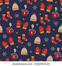 Christmas seamless pattern with hats, cups, mittens, socks, snowflakes on dark background. Perfect for wallpaper, gift paper, winter greeting cards. Vector illustration