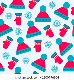 Christmas seamless pattern with Christmas hats, gloves and snowflakes for Christmas background,  wrapping paper, print. Vector