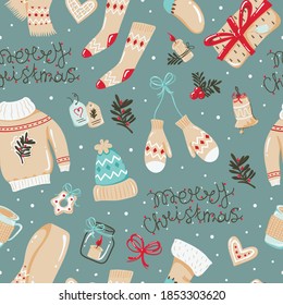 Christmas seamless pattern with hats, mittens and other things. Vector illustration for wrapping paper and scrapbooking