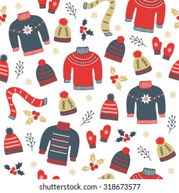 Christmas seamless pattern with hats, sweaters, mittens, scarf, snowflakes, branches and poinsettia. Perfect for wallpapers, gift papers, patterns fills, textile, Christmas and New Year greeting cards