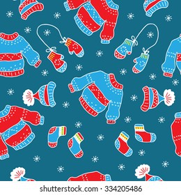 Christmas seamless pattern with hats, sweaters, mittens,  snowflakes