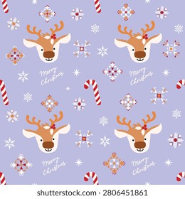 Christmas seamless pattern with head deer, candy cane, holly, hand-written congratulations and snowflakes. Cartoon characters on blue background with folk style objects. Vector festive wallpaper.