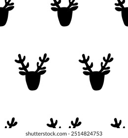 Christmas seamless pattern. A head of reindeer. Silhouette. Black color design. Illustration on white background.