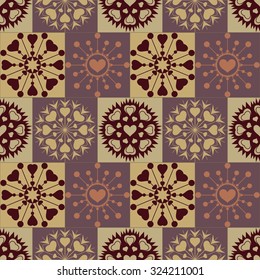 Christmas seamless pattern of heart snowflakes. New Year, Valentine day, birthday texture. Unusual stylized ornament. Brown, gray, orange colored background. Winter, coffee, chocolate theme. Vector