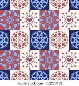 Christmas seamless pattern of heart snowflakes. New Year, Valentine day, birthday texture. Unusual stylized ornament. Brown, gray, blue colored background. Winter, coffee, chocolate theme. Vector